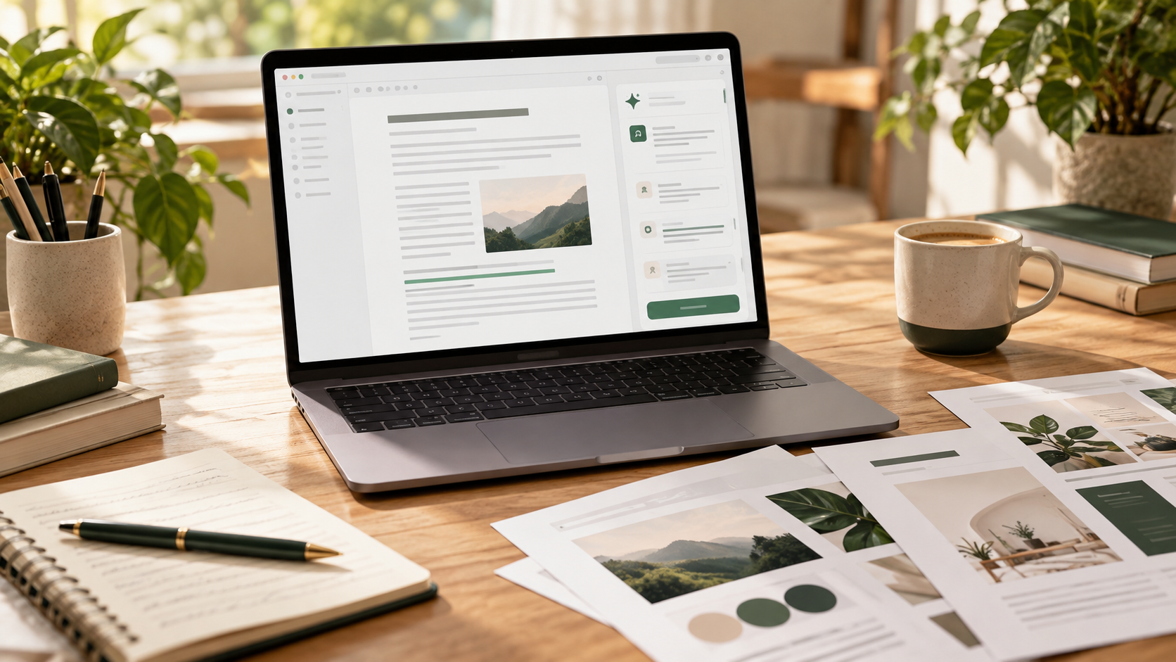 AI assisted writing editor on a laptop with marketing drafts and a notebook