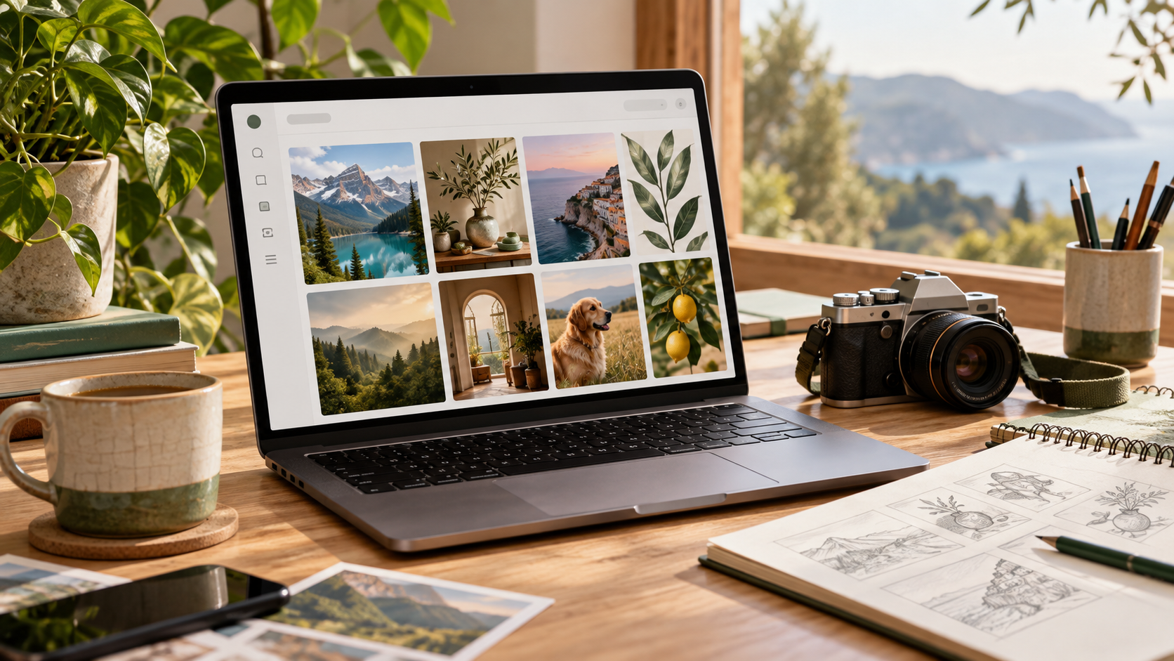 Laptop displaying a gallery of creative images beside a camera and sketchbook