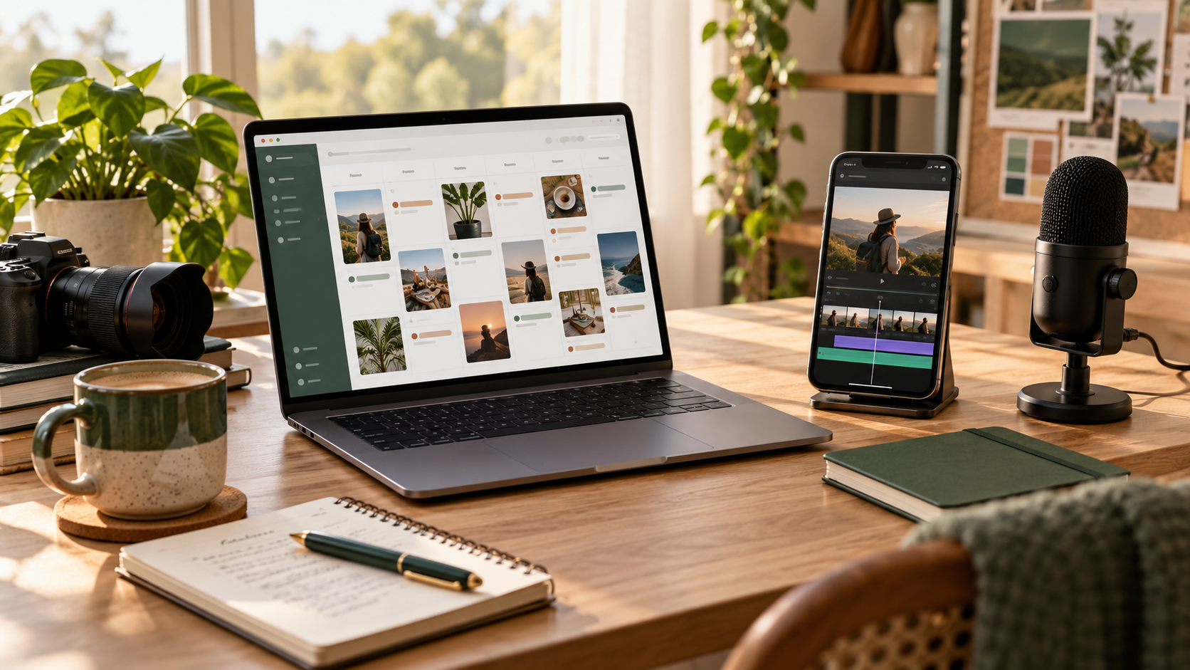 Content creator workspace with a social content calendar, video editing phone and microphone