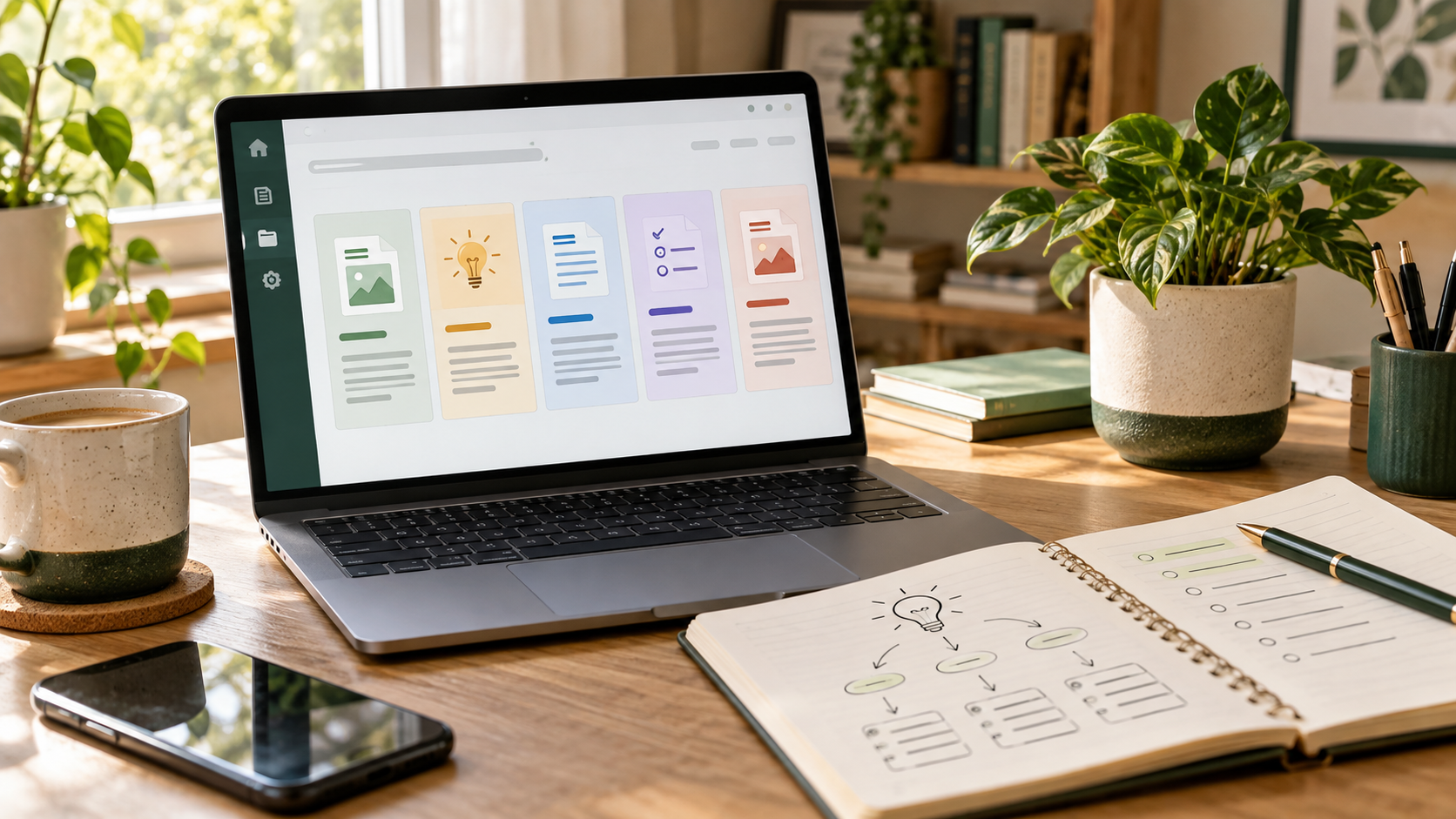 Laptop with five content creation cards beside an idea planning notebook