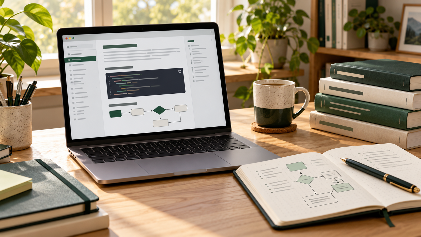 Technical documentation on a laptop beside a notebook flowchart and reference books